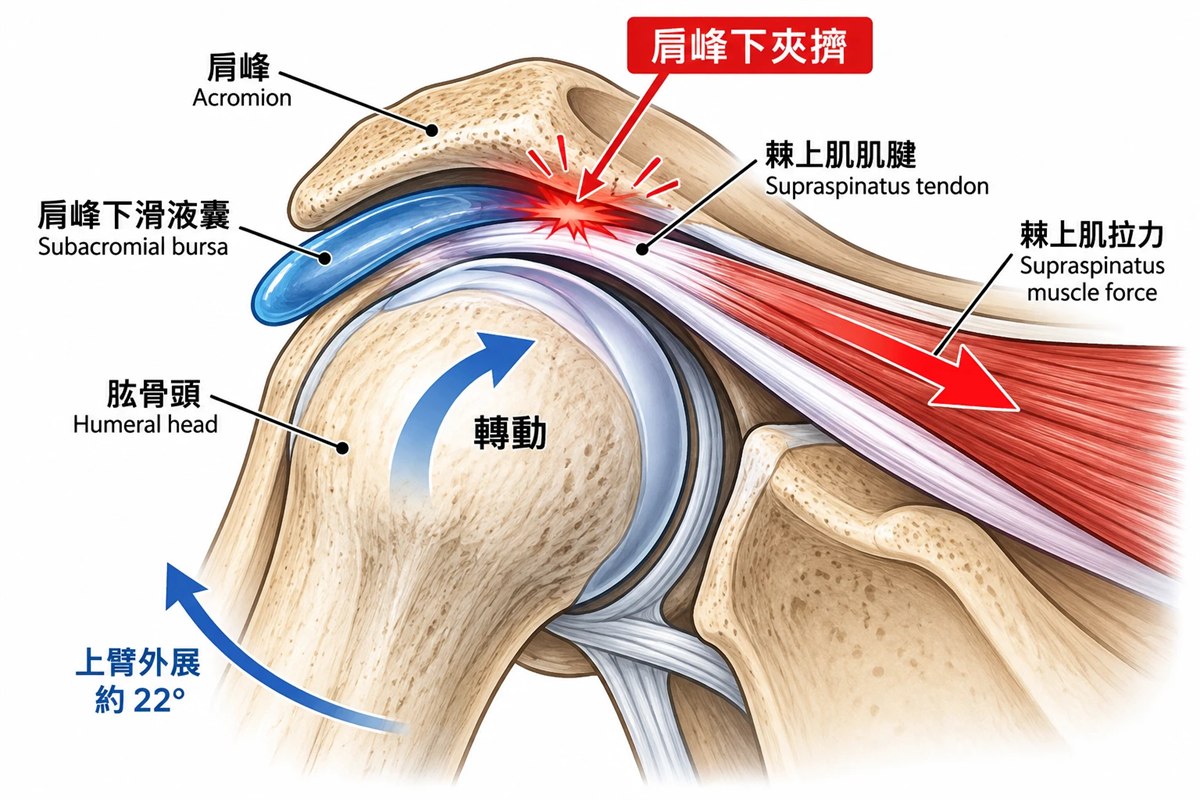 肩峰下夾擠：棘上肌與滑液囊被擠